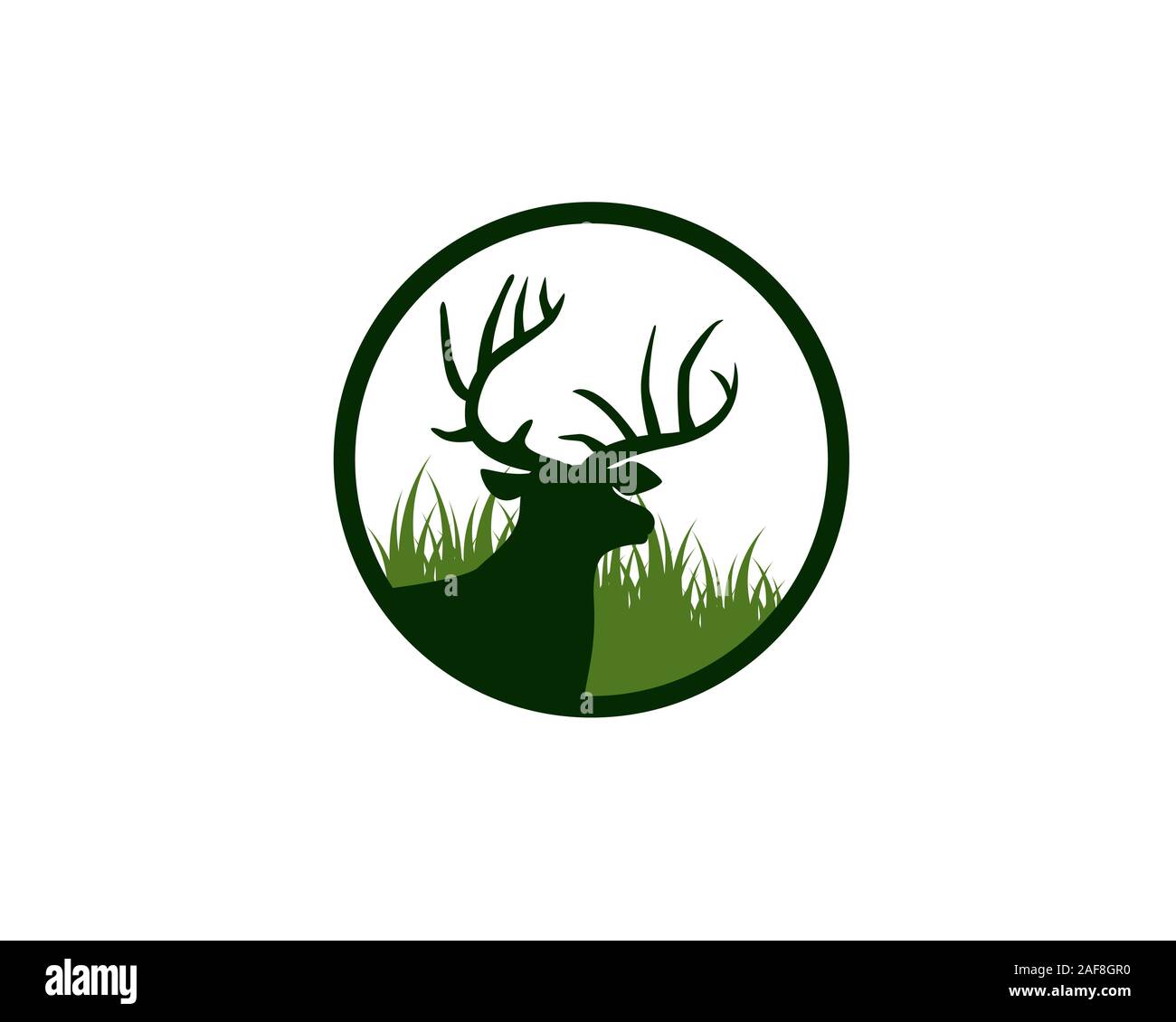 deer head with antlers in front of meadow grass inside circle logo Stock Vector
