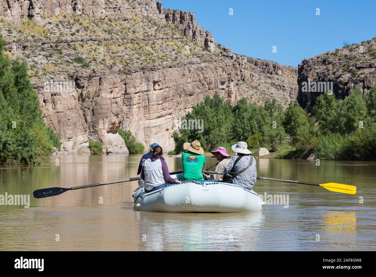 Big Bend National Park.  Rafters on the Rio Grande Entering Hot Springs Canyon. Stock Photo