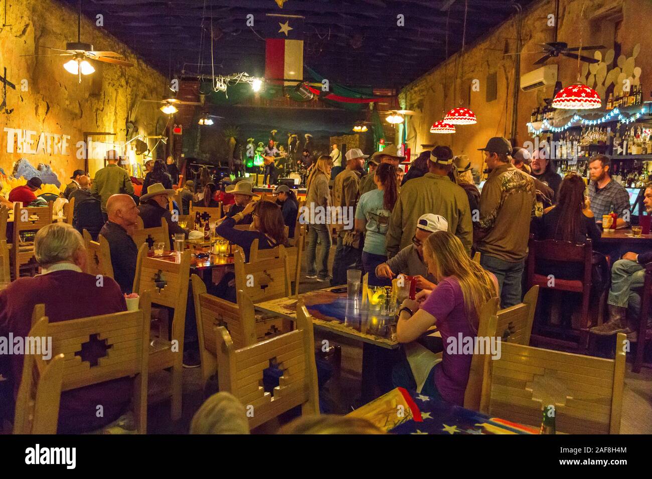 Terlingua, Texas.  Patrons at Terlingua Theater, Restaurant, and Bar. Stock Photo