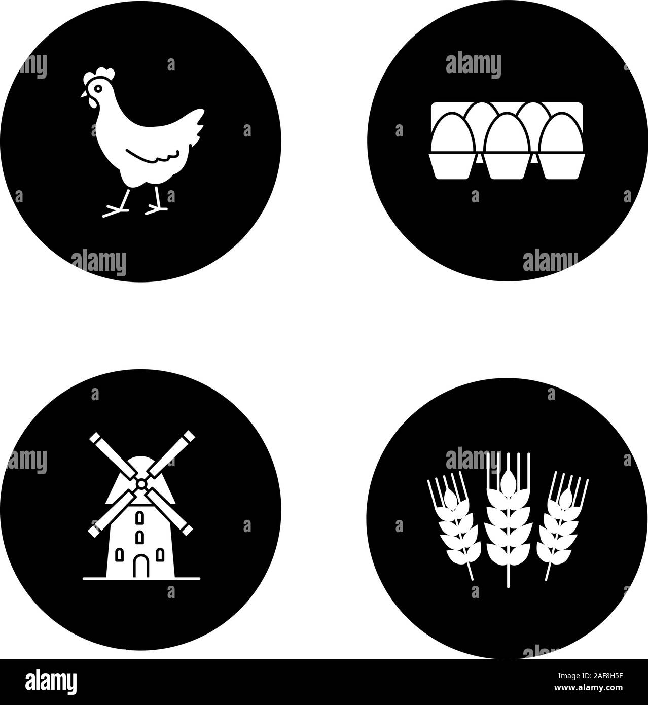 Agriculture glyph icons set. Farming. Chicken, eggs tray, windmill, wheat ears. Vector white silhouettes illustrations in black circles Stock Vector