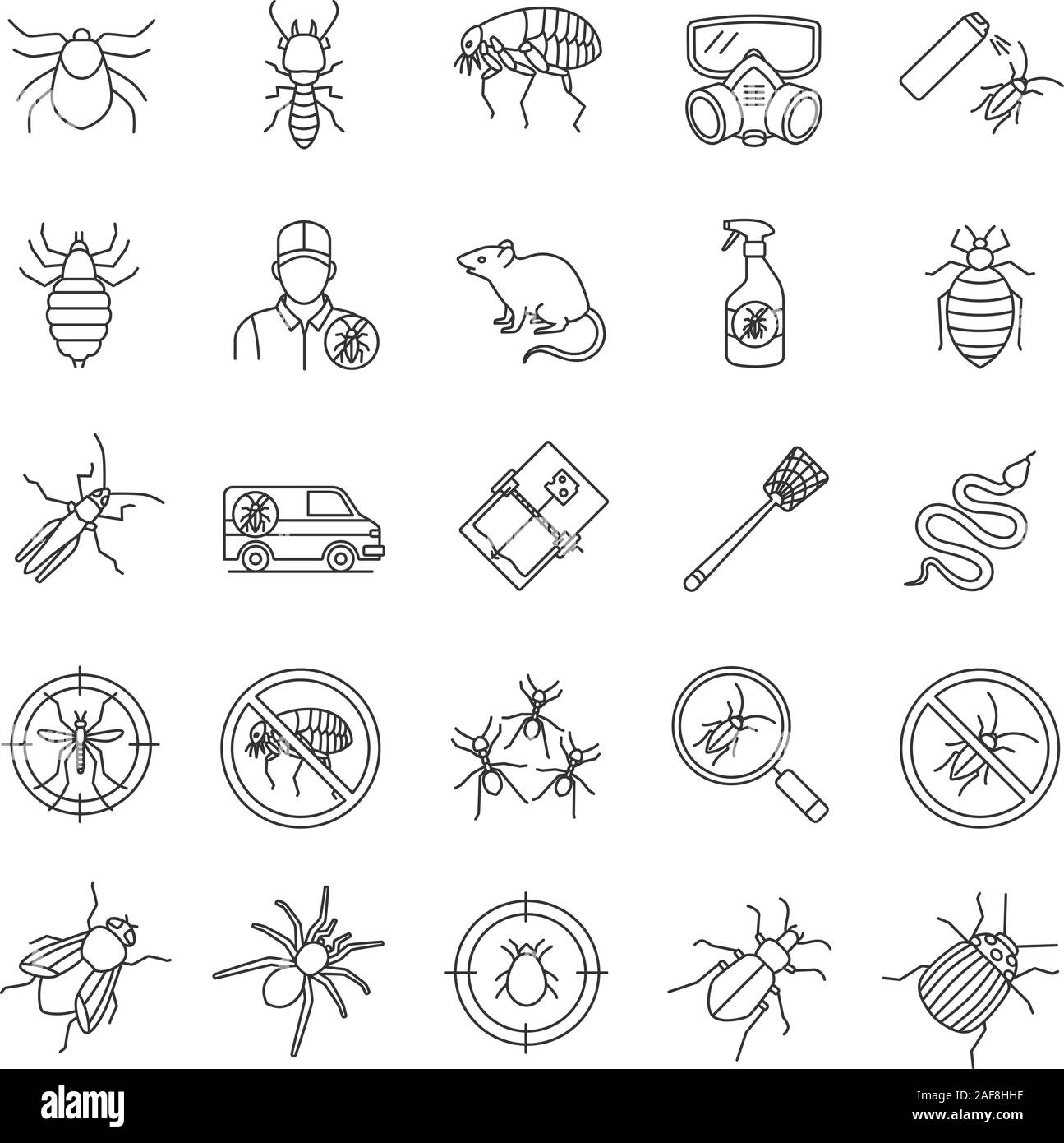 Pest control linear icons set. Extermination. Harmful animals and insects. Thin line contour symbols. Isolated vector outline illustrations Stock Vector