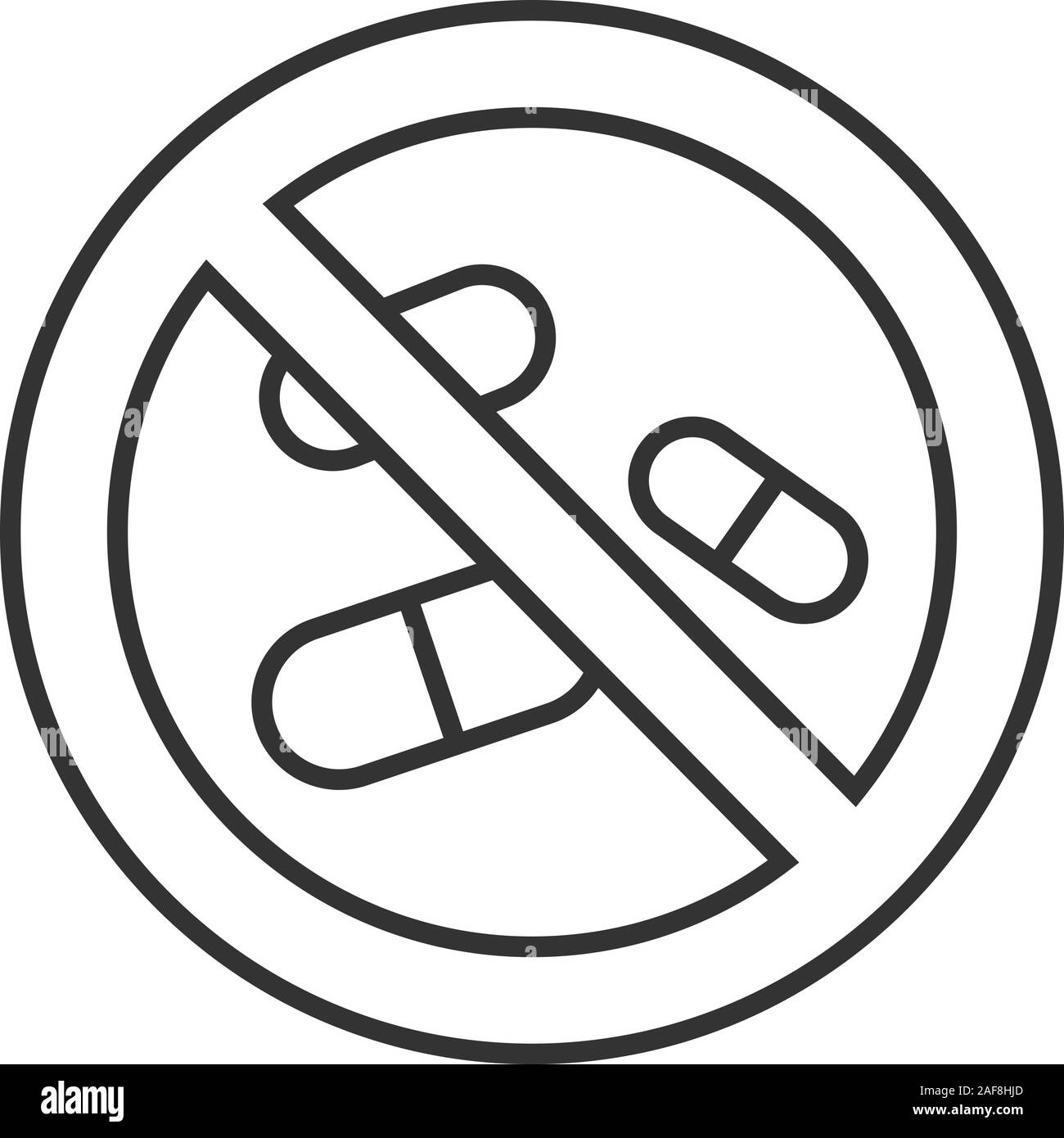 Forbidden sign with pills linear icon. Thin line illustration. No drugs prohibition. Stop contour symbol. Vector isolated outline drawing Stock Vector