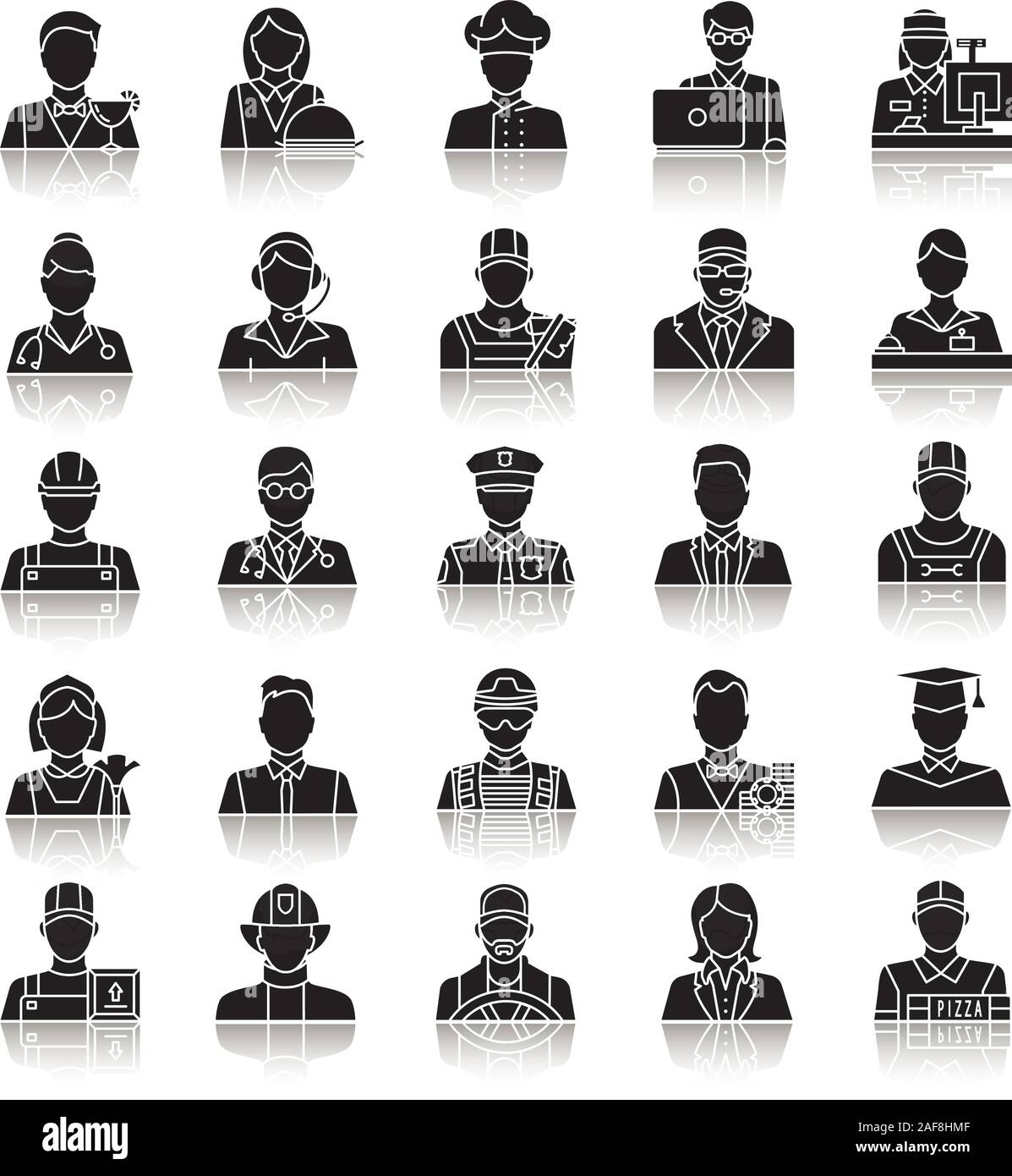 Professions drop shadow black glyph icons set. Occupations. Workers ...