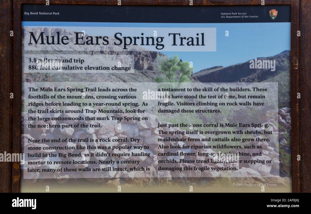 Big Bend National Park, Texas. Mule Ears Spring Trail Sign. Stock Photo