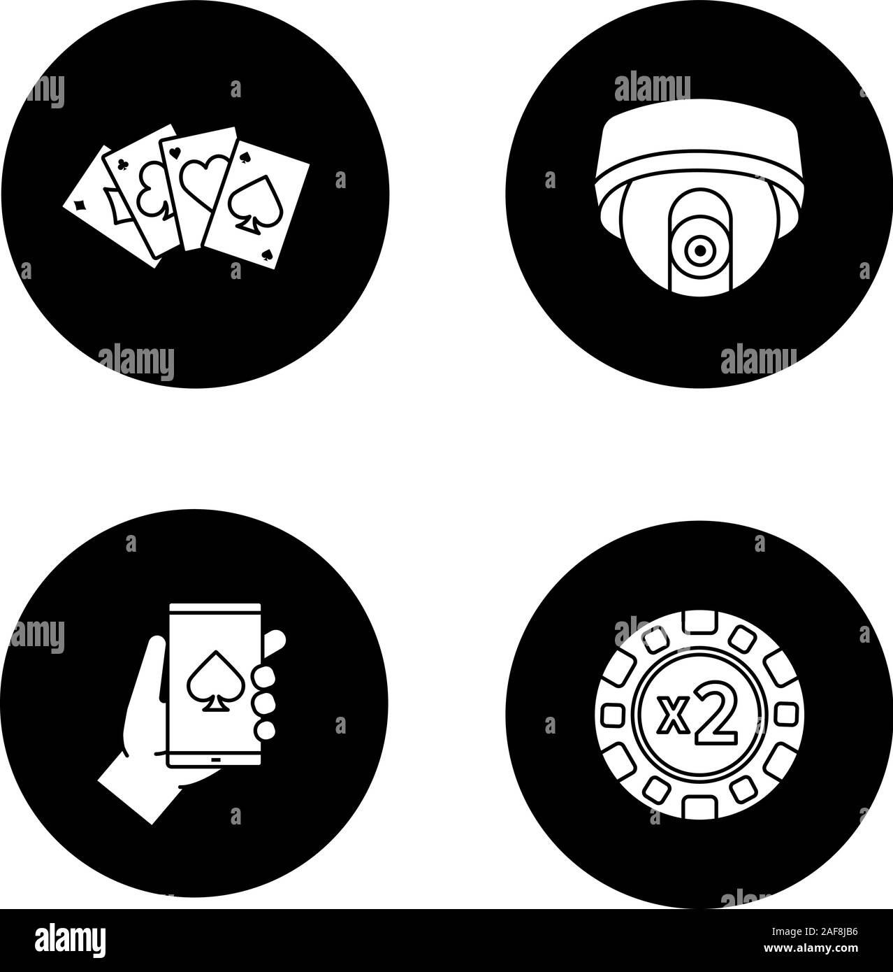 Casino glyph icons set. Doubledown chip, four aces, surveillance camera, online casino. Vector white silhouettes illustrations in black circles Stock Vector