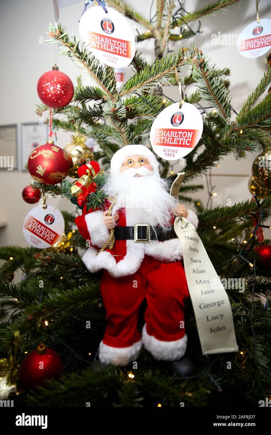 Detail of decorations on the christmas tree in the reception area ahead of the Sky Bet Championship match at The Valley, London. Stock Photo