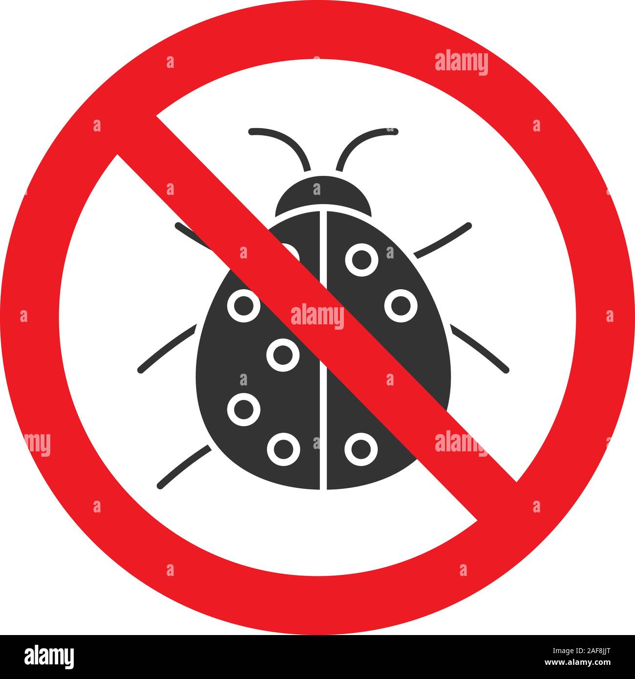 Forbidden sign with ladybug glyph icon. No insects repellent. Stop silhouette symbol. Negative space. Vector isolated illustration Stock Vector