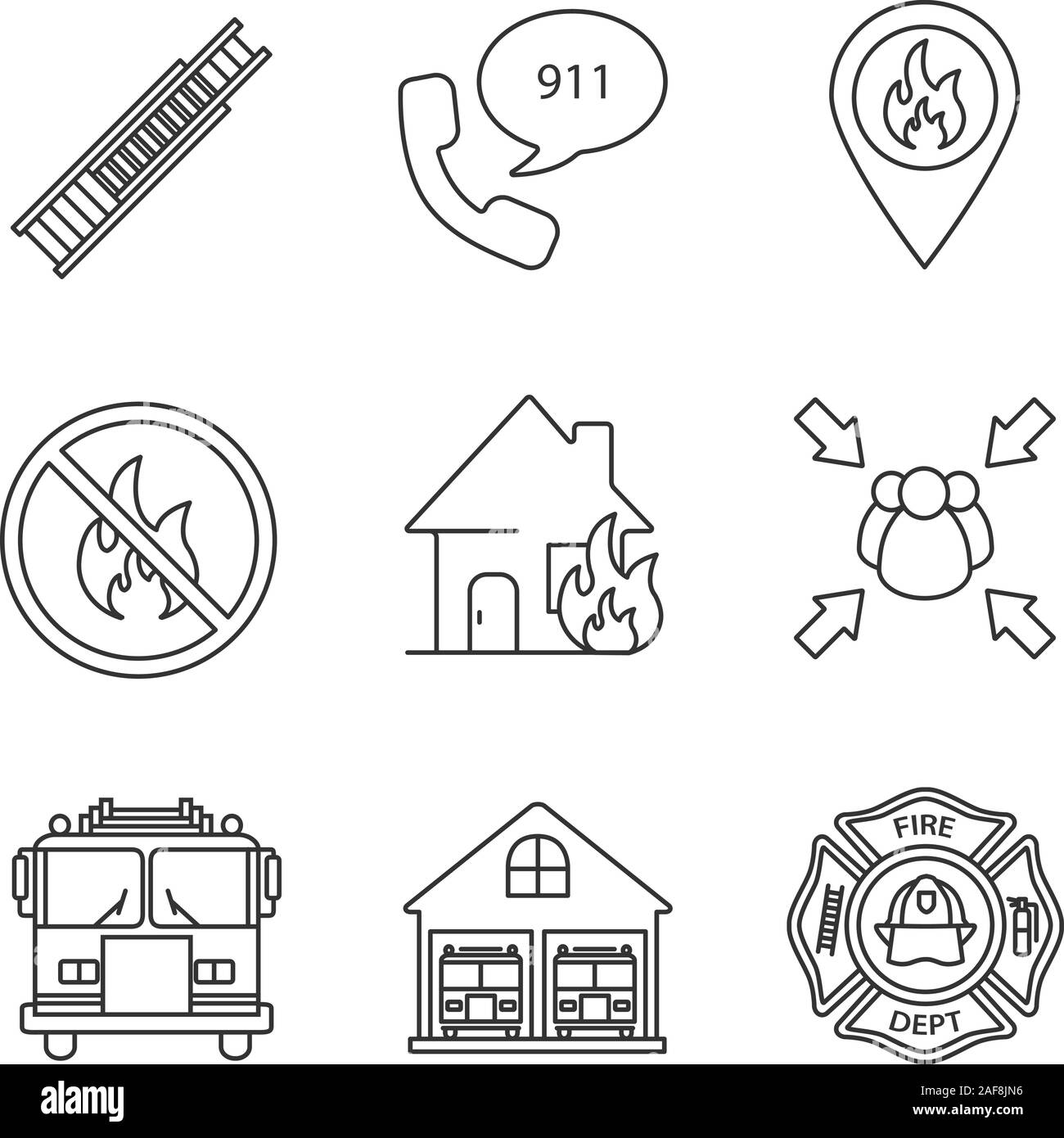 Firefighting linear icons set. Double extension ladder, emergency call, burning house, assembly point, firefighter badge, fire location. Thin line con Stock Vector