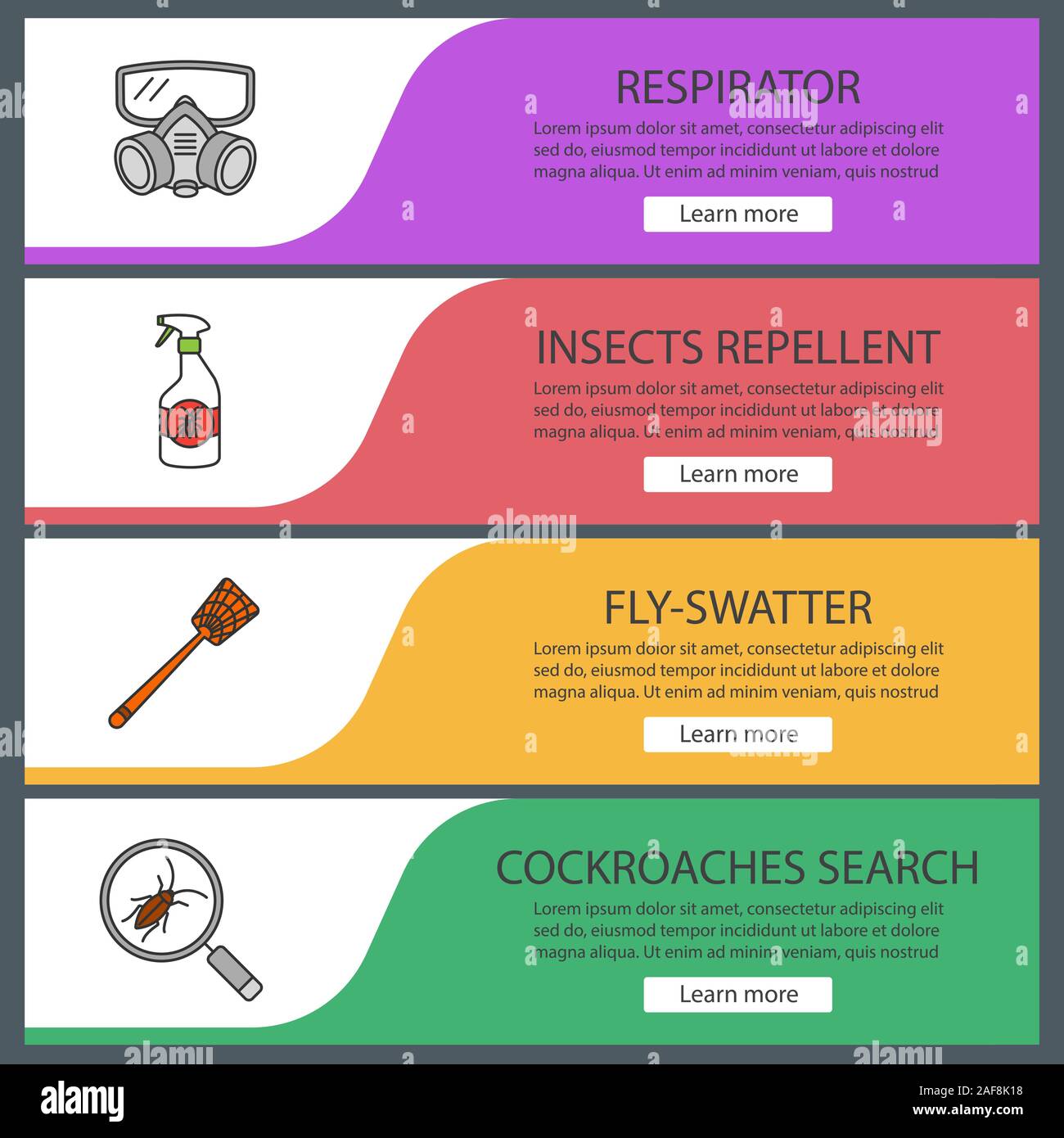Pest control web banner templates set. Respirator, insects repellent