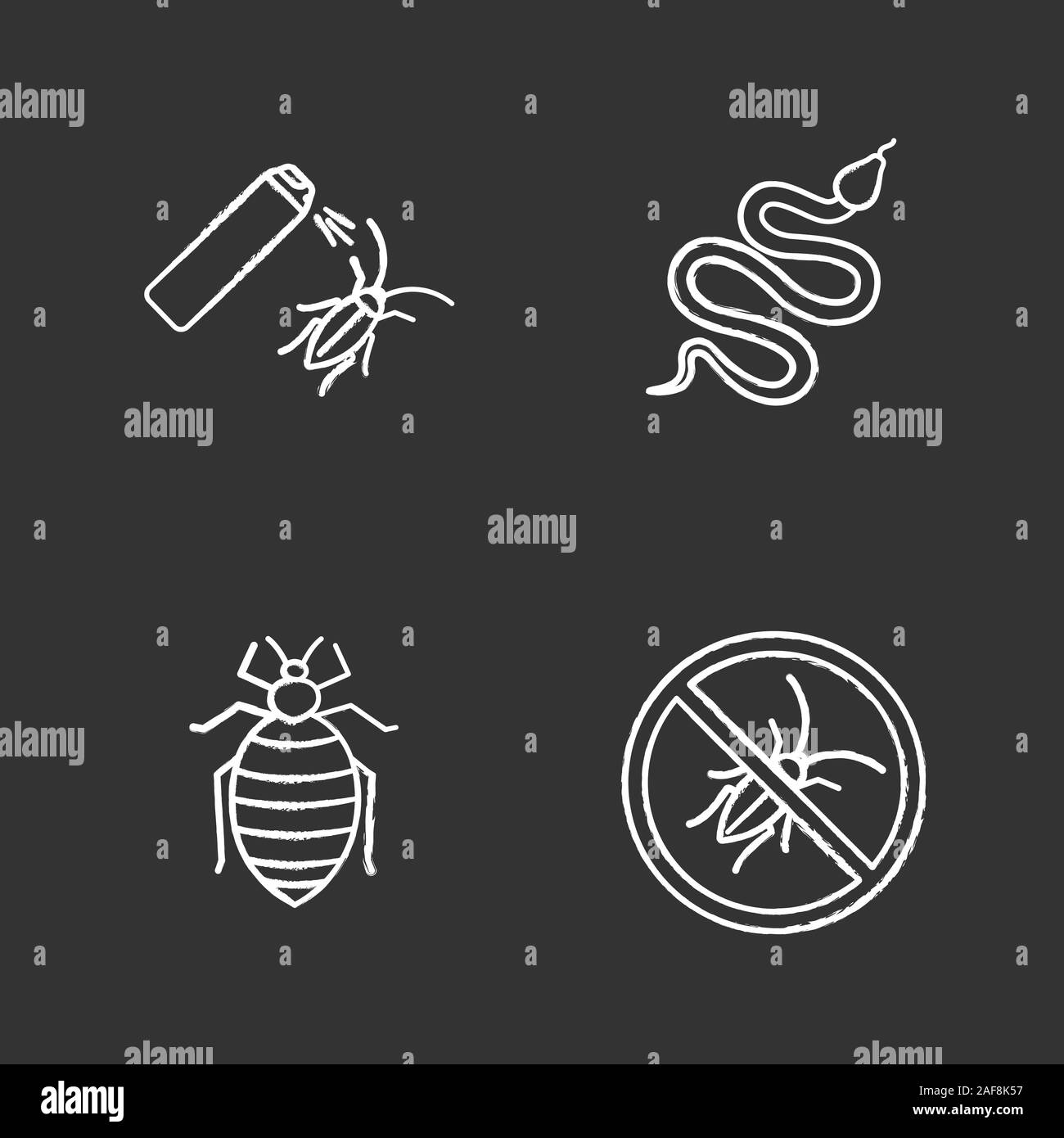 Pest control chalk icons set. Snake, bed bug, cockroach bait, stop roaches. Isolated vector chalkboard illustrations Stock Vector