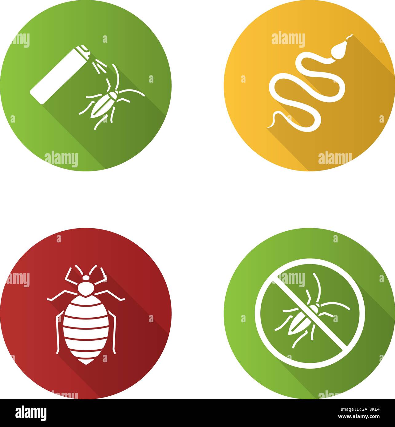 Pest control flat design long shadow glyph icons set. Snake, bed bug, cockroach bait, stop roaches. Vector silhouette illustration Stock Vector