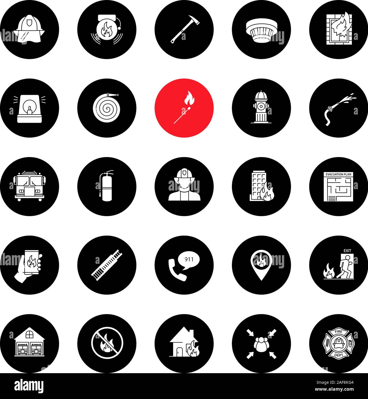 Firefighting glyph icons set. Fire station equipment. Vector white silhouettes illustrations in black circles Stock Vector