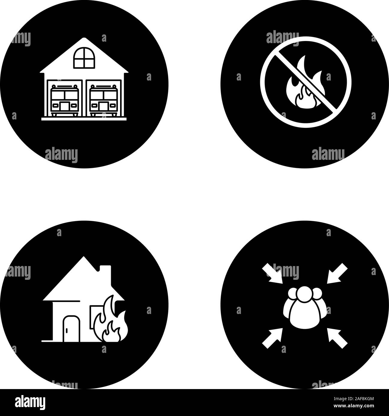 Firefighting glyph icons set. Burning house, fire station, fire assembly point, bonfire prohibition. Vector white silhouettes illustrations in black c Stock Vector