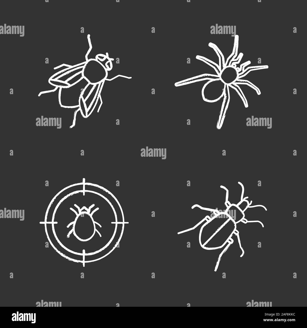 Pest control chalk icons set. Mite target, ground beetle, spider, housefly. Isolated vector chalkboard illustrations Stock Vector