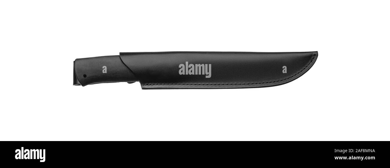 Hunting knife with wooden handle and leather case isolated on white background. A reliable knife