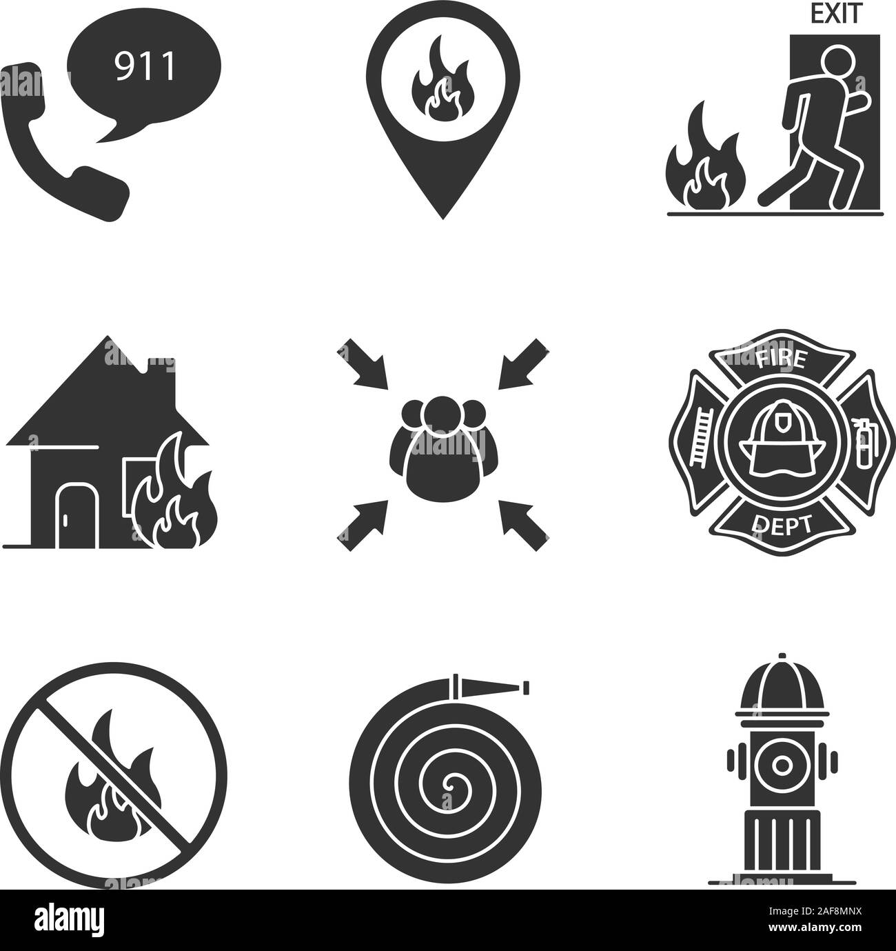 Firefighting glyph icons set. Emergency call, fire location, evacuation, burning house, assembly point, bonfire prohibition, badge, hydrant, hose. Sil Stock Vector