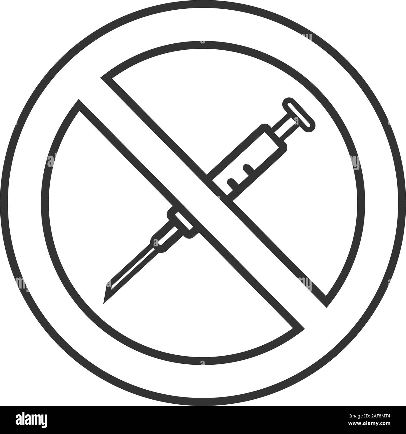 Forbidden sign with syringe linear icon. Thin line illustration. No drugs prohibition. Stop contour symbol. Vector isolated outline drawing Stock Vector
