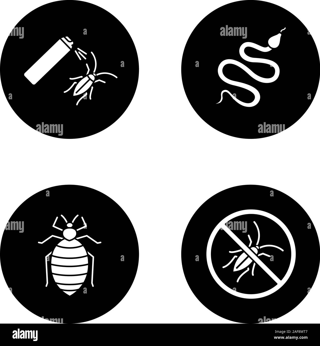 Pest control glyph icons set. Snake, bed bug, cockroach bait, stop roaches. Vector white silhouettes illustrations in black circles Stock Vector