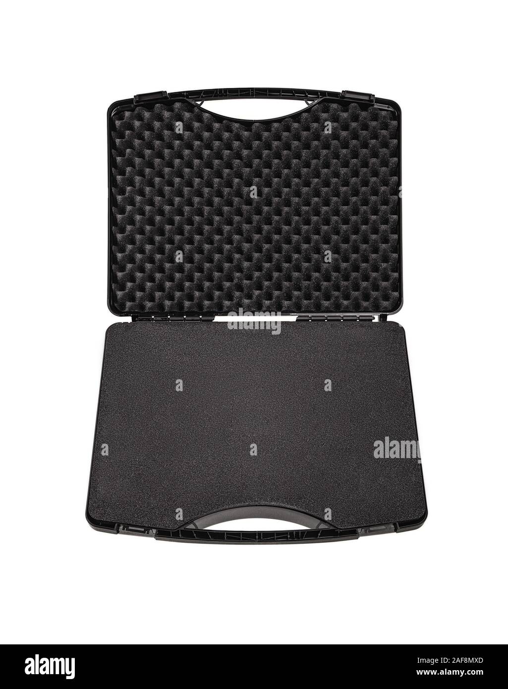 Open black plastic case with foam inside. Black plastic hard case for
