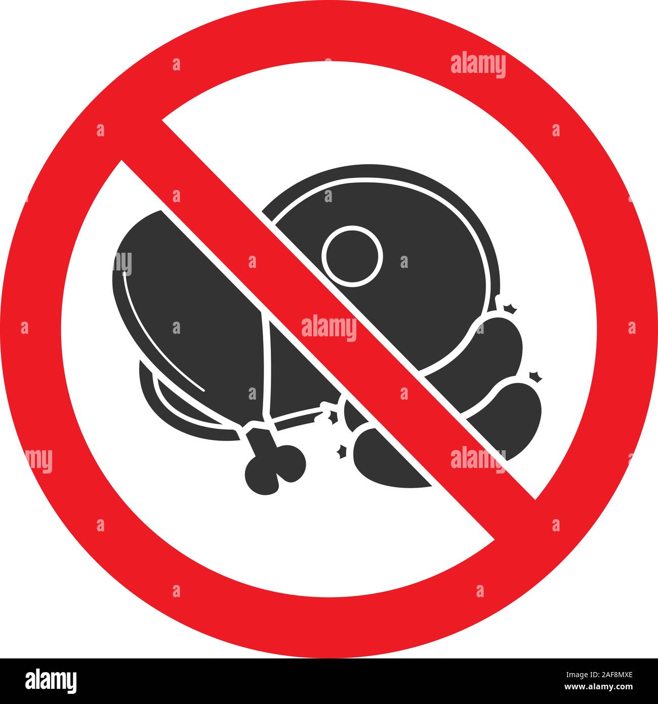 Forbidden sign with meat products glyph icon. Stop silhouette symbol