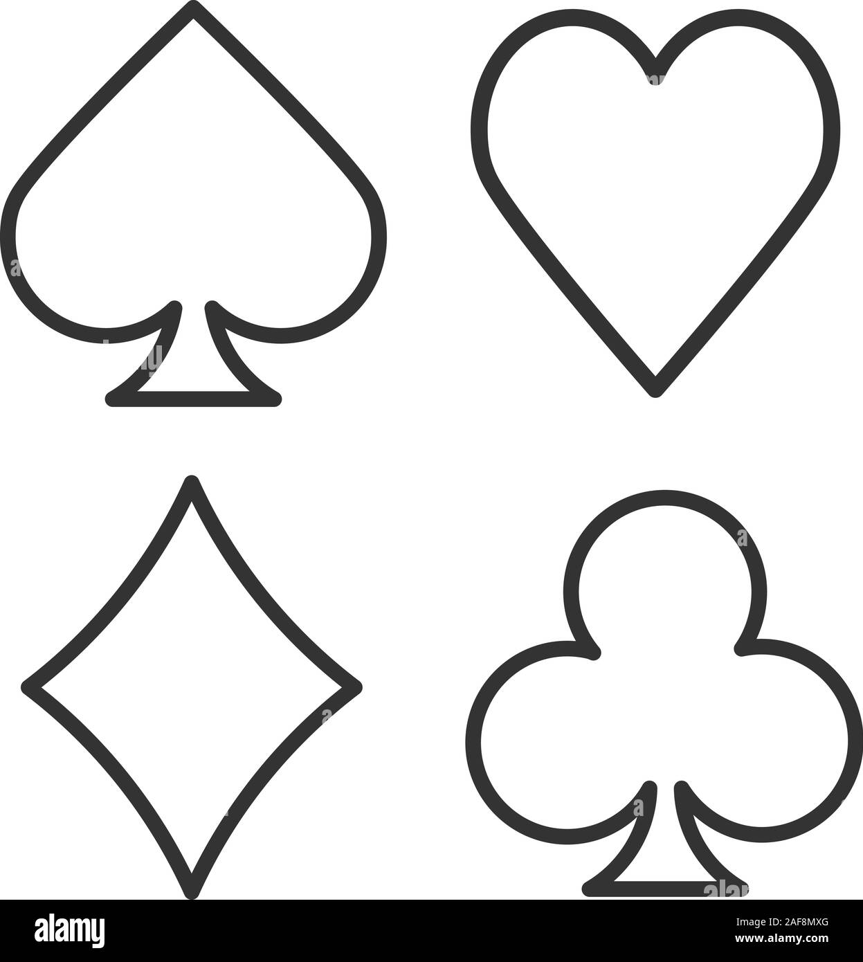 Suits of playing cards linear icon. Spade, clubs, heart, diamond. Thin ...