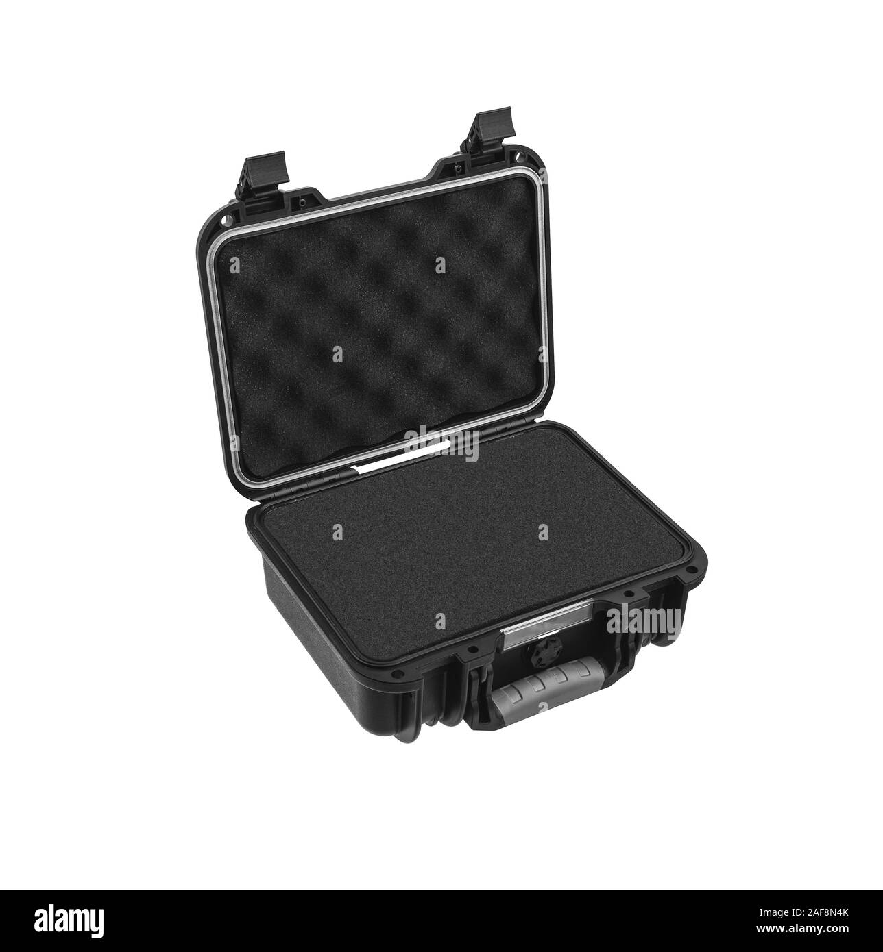 Open black plastic case with foam inside. Black plastic hard case for