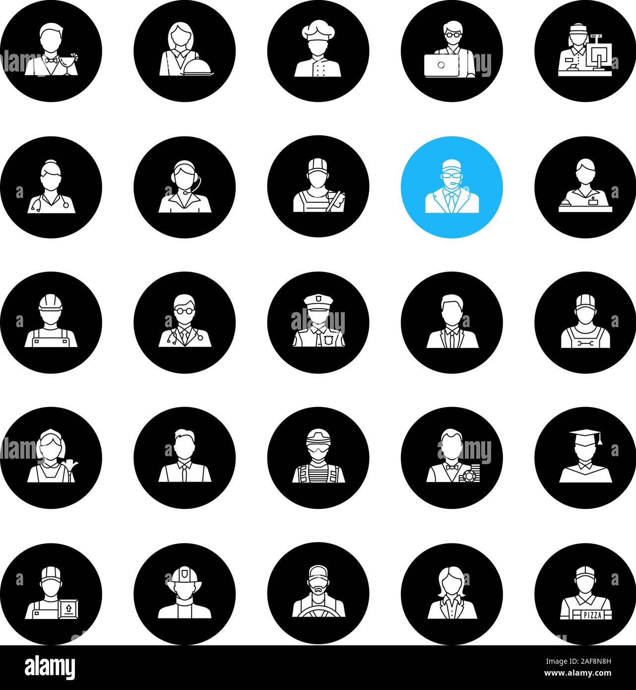 Professions glyph icons set. Occupations. Workers. Vector white silhouettes illustrations in black circles Stock Vector