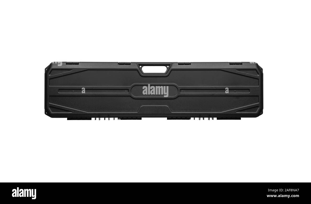 Black plastic hard case for transporting and storing weapons. Gun