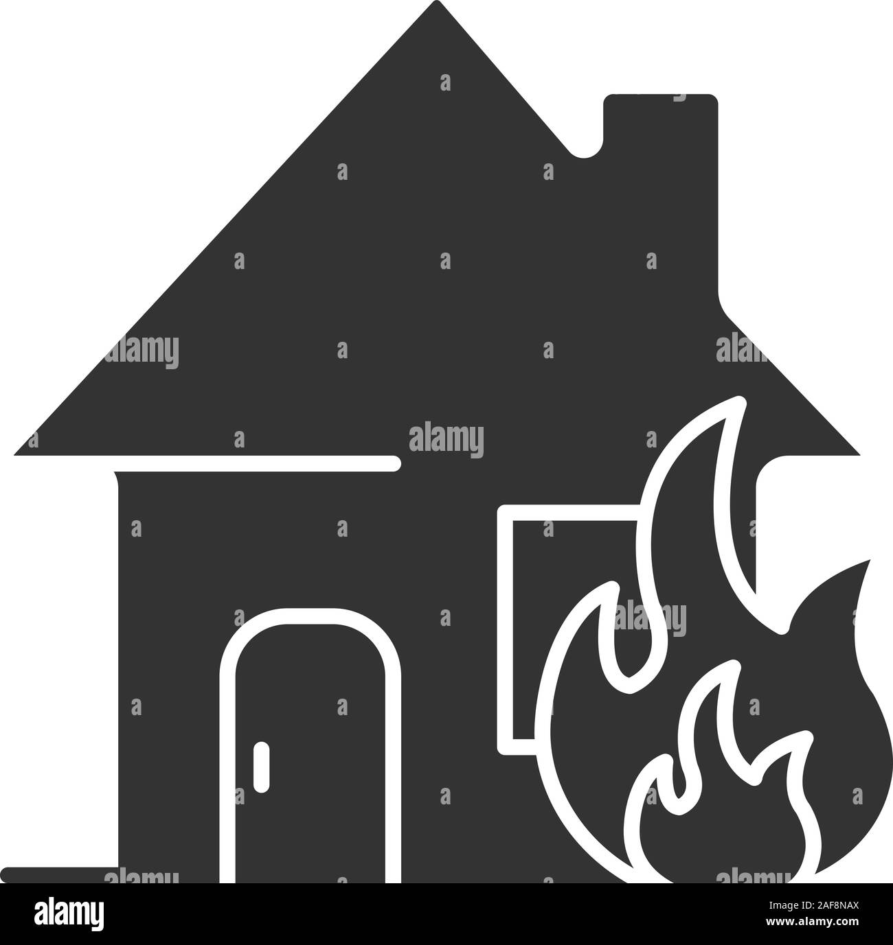 Burning house glyph icon. House on fire. Silhouette symbol. Negative