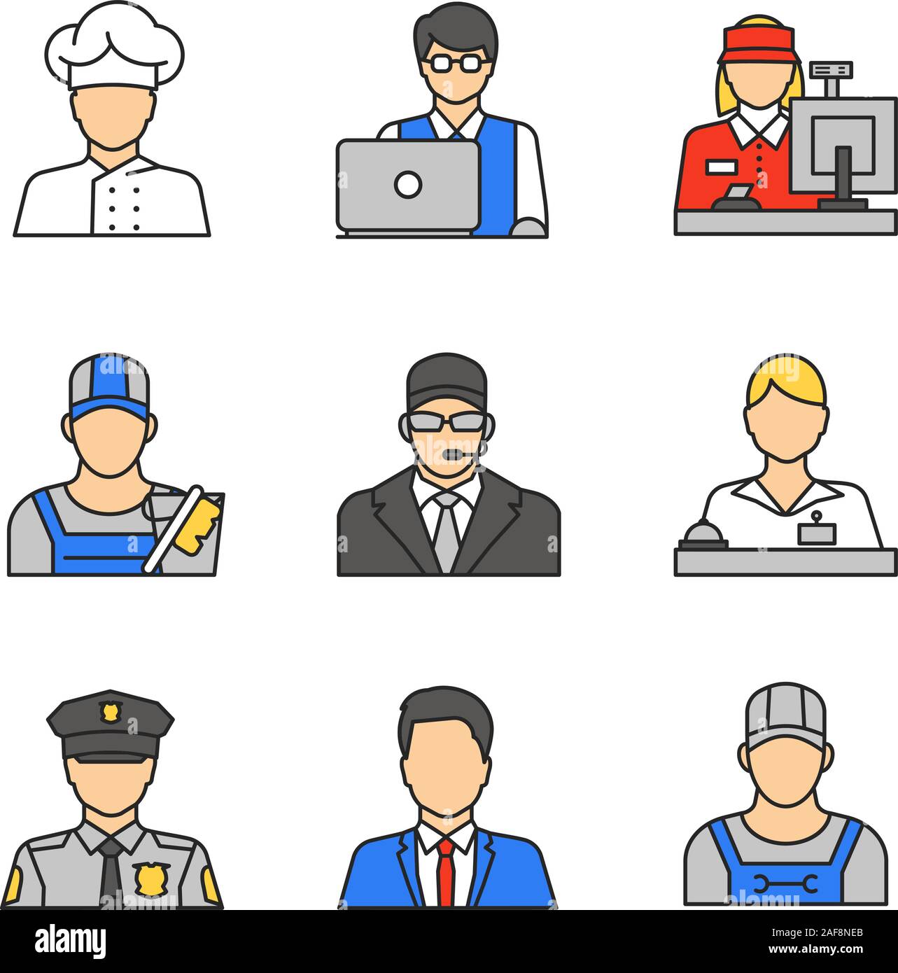 Professions color icons set. Occupations. IT technologist, cashier,  cleaner, bodyguard, receptionist, policeman, office worker, plumber, cook.  Isolate Stock Vector Image & Art - Alamy