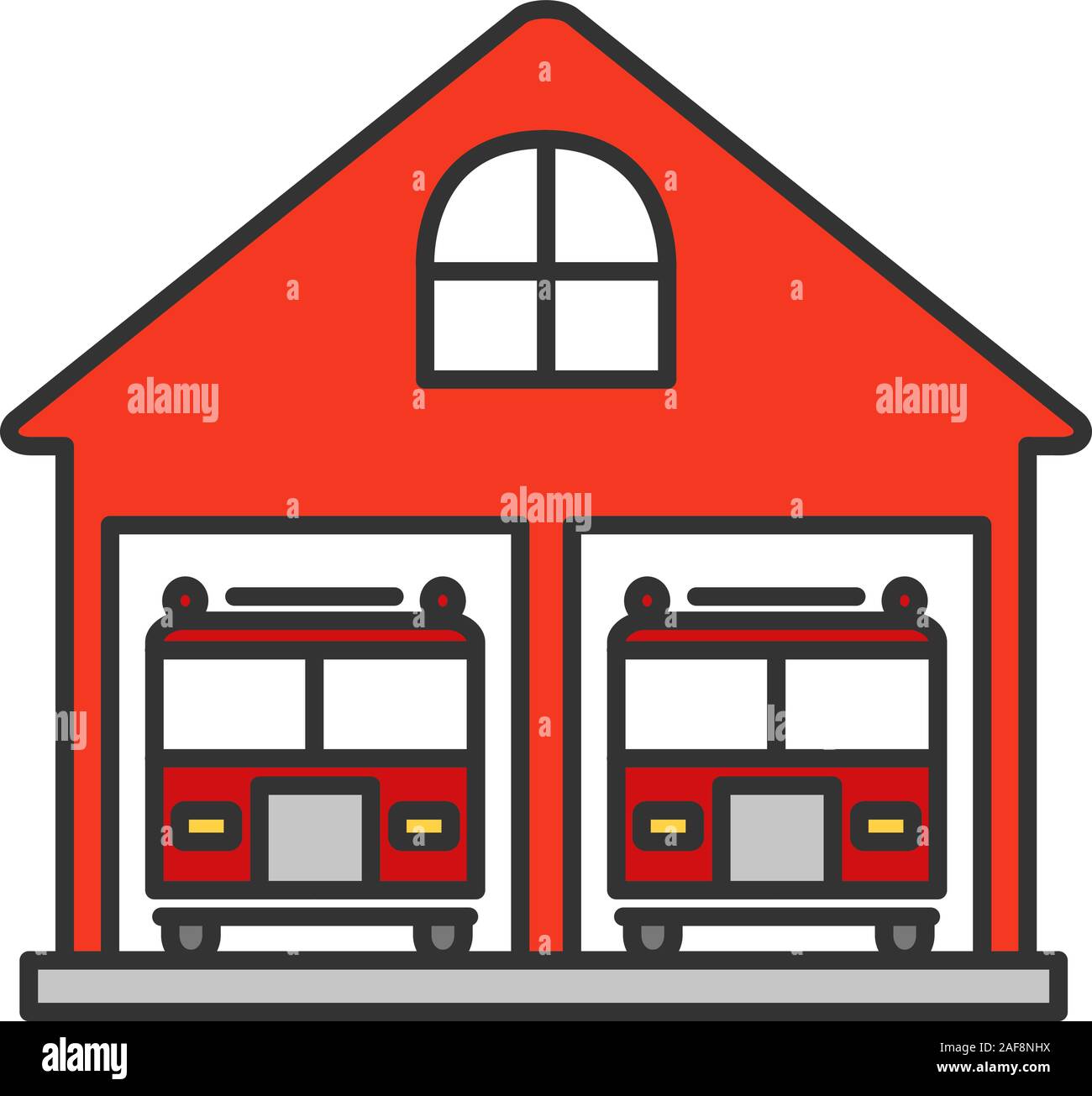 Fire station color icon. Firehouse. Garage with two fire trucks