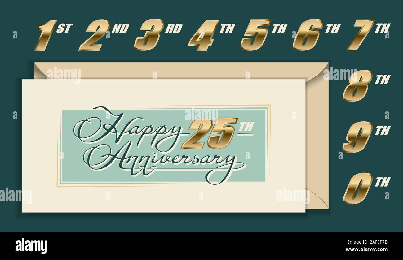 Happy Anniversary envelope, card with gold numbers and calligraphy lettering Stock Vector