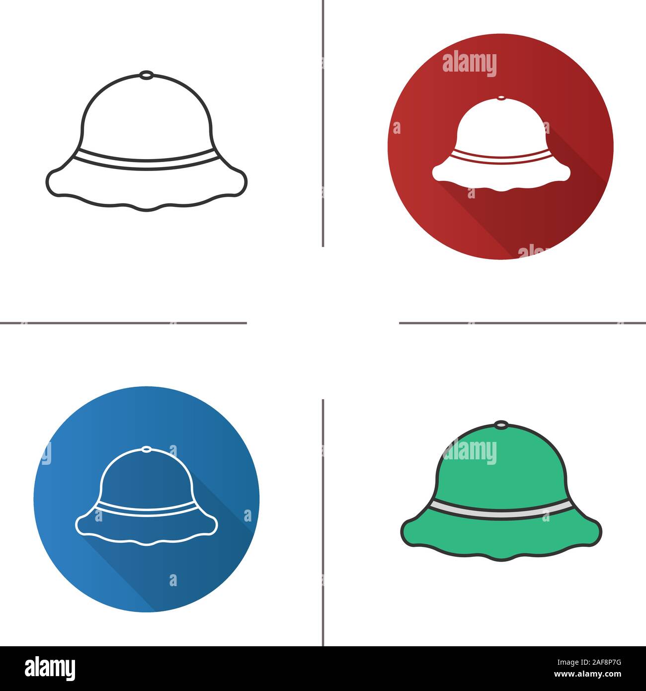 Fisherman’s hat icons set. Flat design, linear, black and color styles