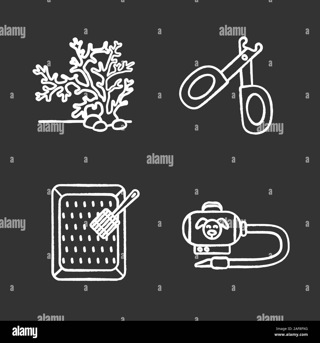 pets supplies chalk icons set aquarium plant pet nail clippers cats litter box vacuum cleaner isolated vector chalkboard illustrations 2AF8PXG