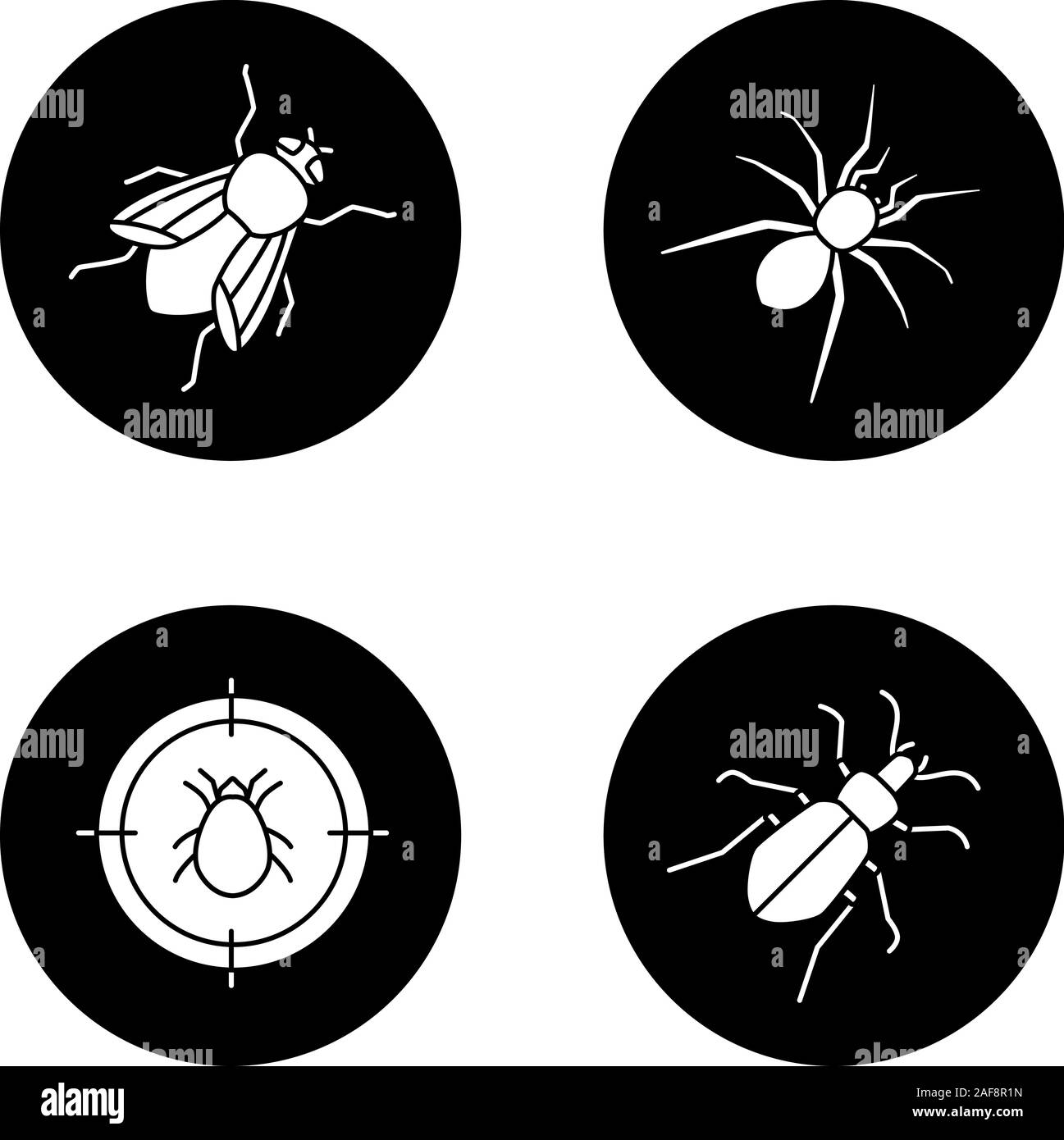Pest control glyph icons set. Mite target, ground beetle, spider, housefly. Vector white silhouettes illustrations in black circles Stock Vector