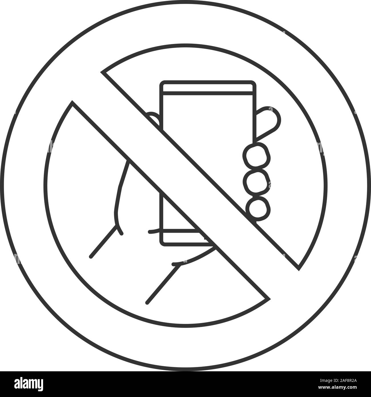 Forbidden sign with mobile phone linear icon. No smartphone prohibition. Stop contour symbol
