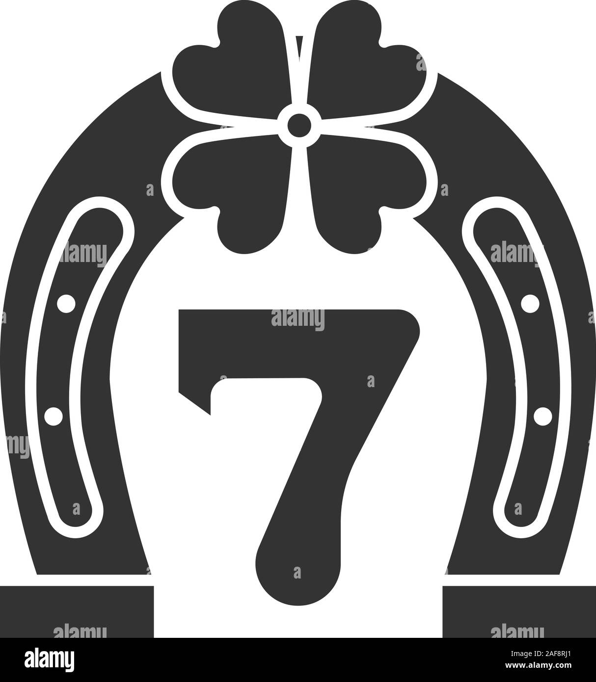 Lucky seven game glyph icon. Silhouette symbol. Horseshoe and four leaf clover with number 7. Negative space. Vector isolated illustration Stock Vector