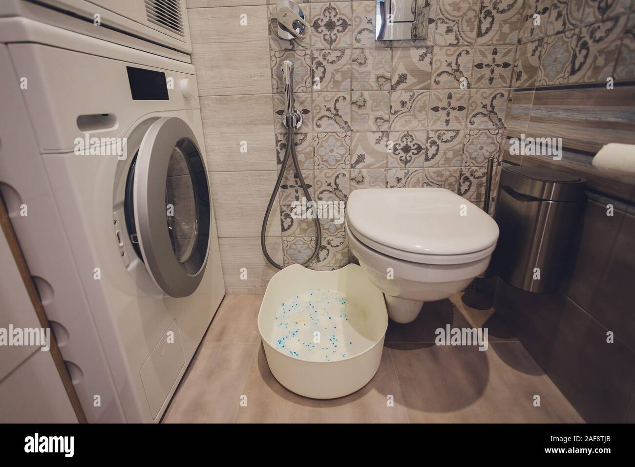 view of cat or kitty litter box with compostable silicate litter Stock