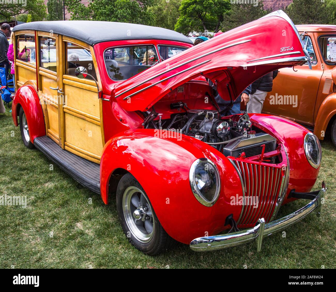 A restored and modified 1939 Ford Deluxe Woody Station Wagon in the Moab April Action Car Show in Moab, Utah. Stock Photo