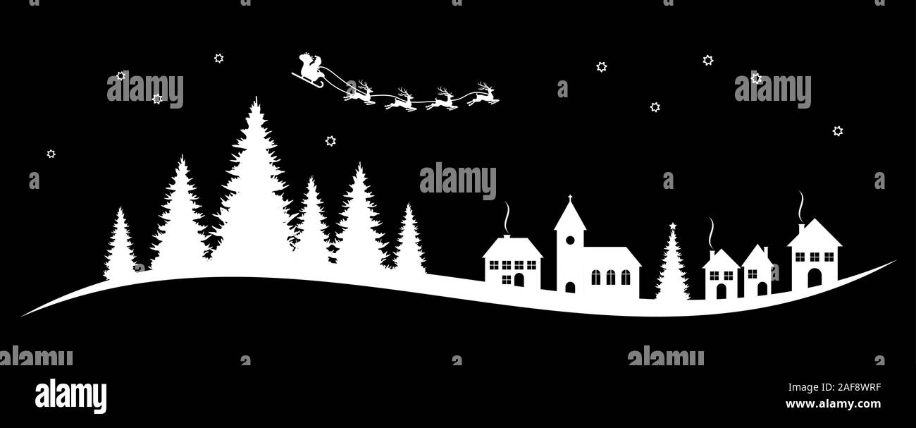 white silhouette of Santa Claus with sled and reindeers over a church, houses and conifers isolated on colored background Stock Vector