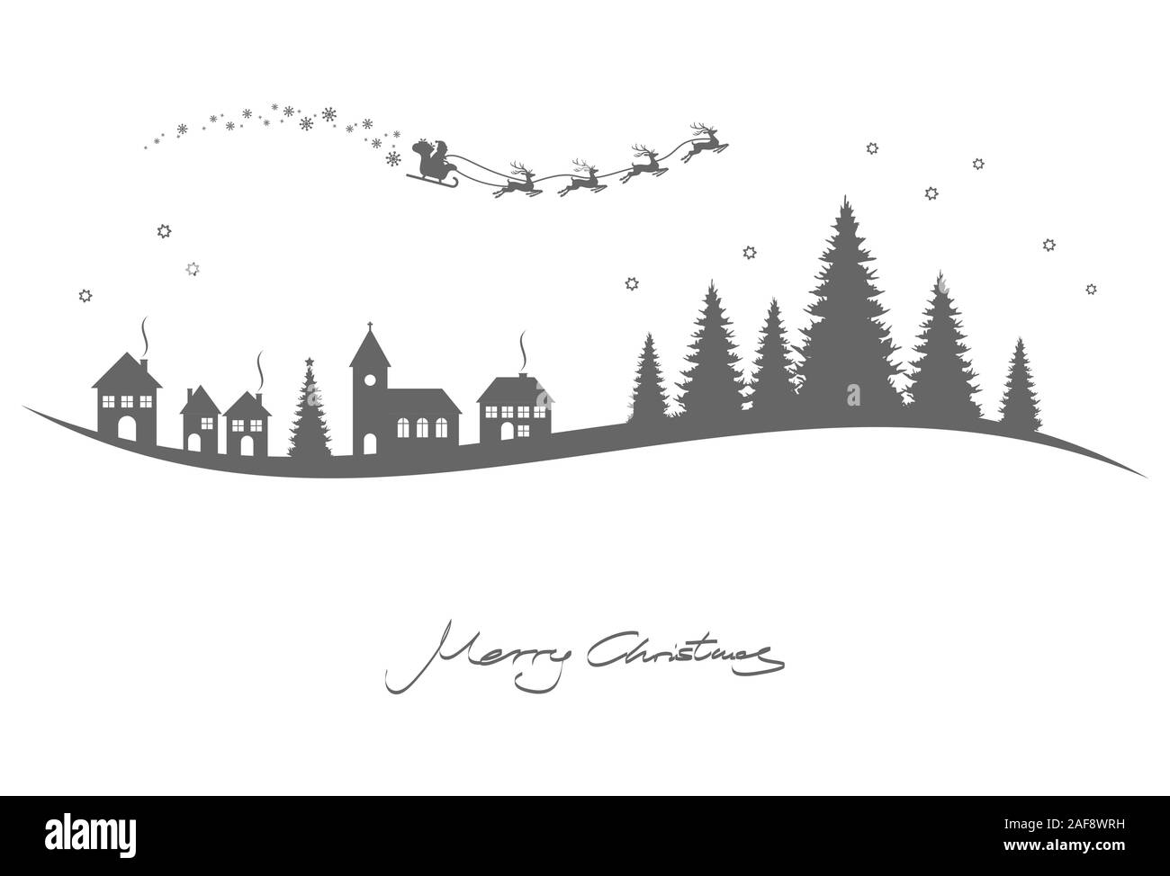 silhouette of Santa Claus with sled and reindeers over a church, houses and conifers isolated on white background with christmas and new year greeting Stock Vector