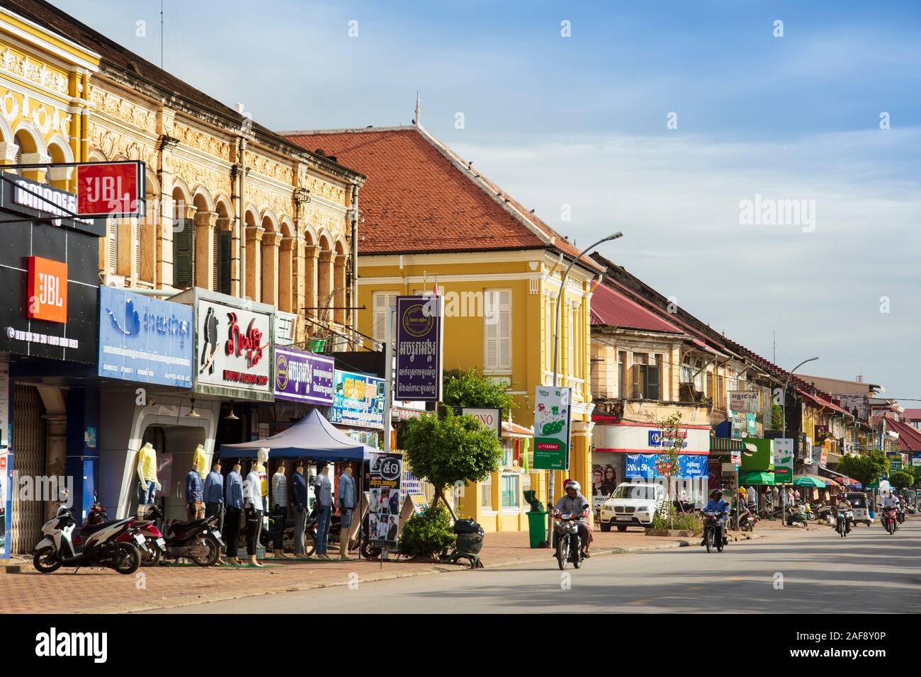French colonial buildings on Road Number One next to the Sangker river in Battambang, Cambodia Stock Photo