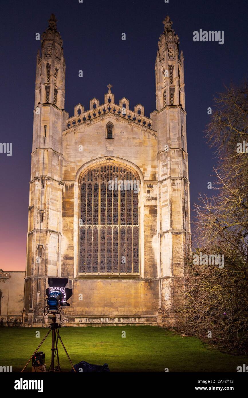 Location Lighting - outdoor Arri location floodlights used on Kings College Chapel Cambridge Stock Photo