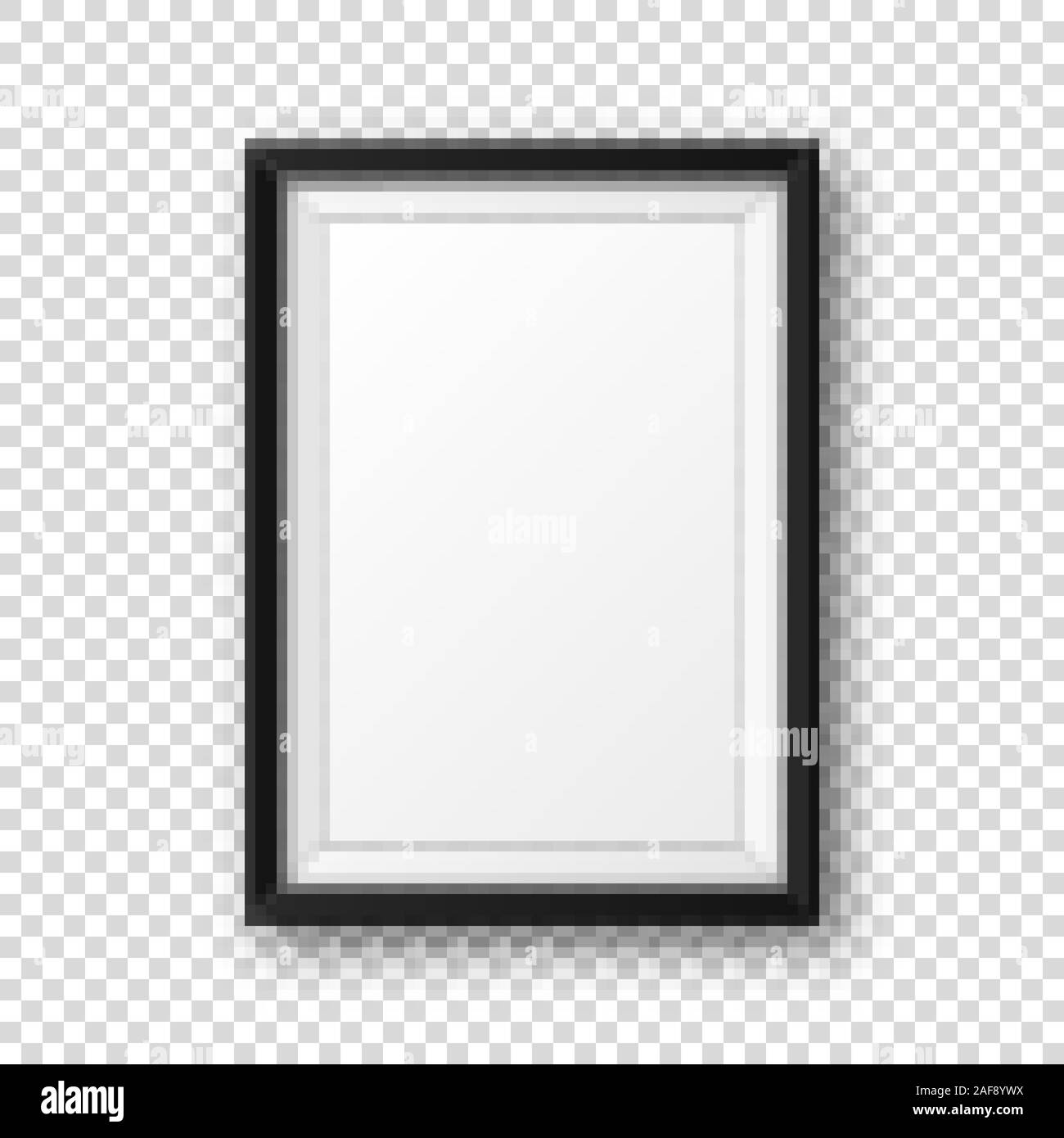 Realistic blank black picture frame with shadow isolated on transparent