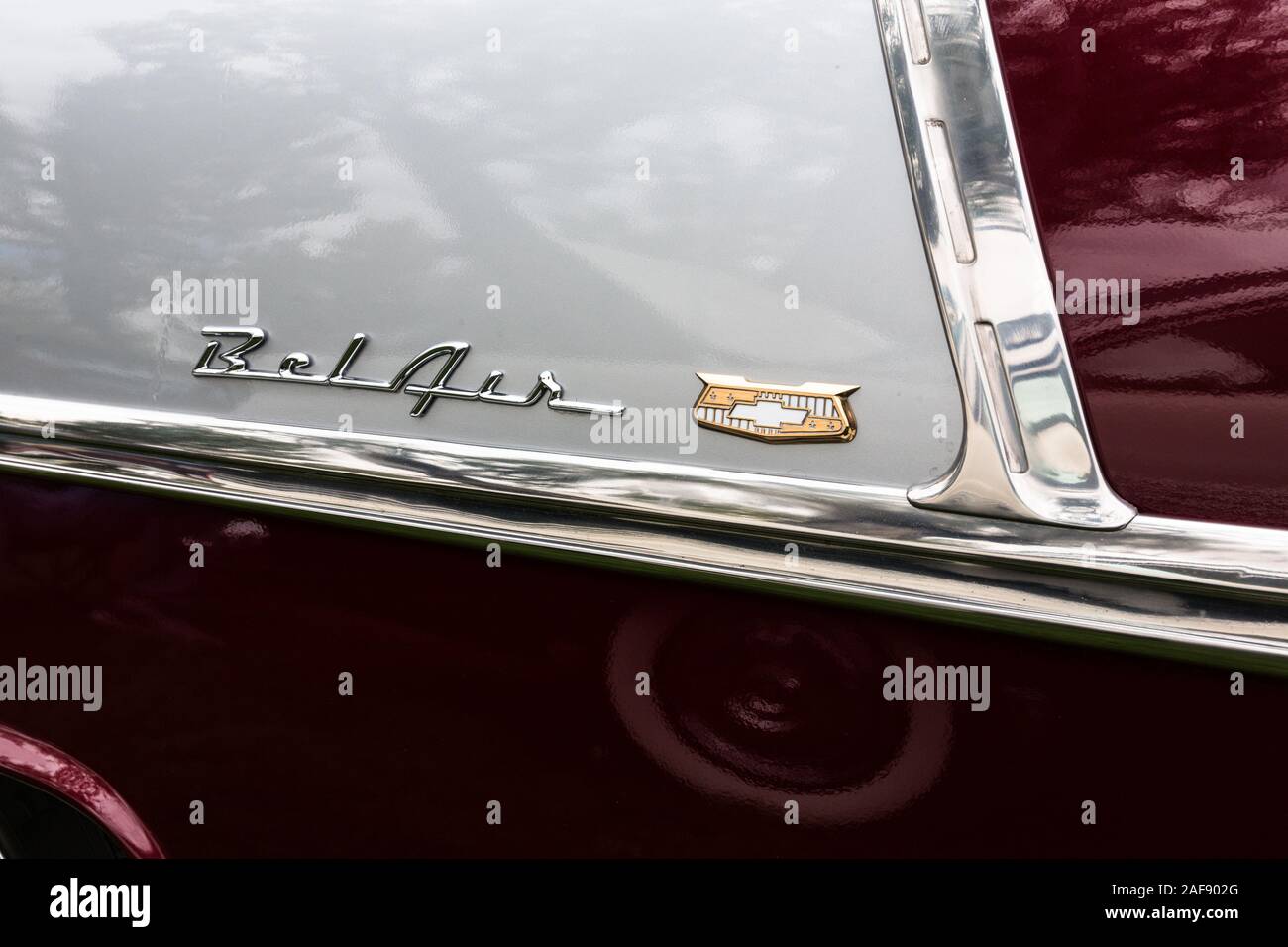 Detail of the Chevrolet Bel Air emblem on a restored stock 1955 Chevy Bel Air 2 door sedan in the Moab April Action Car Show in Moab, Utah. Stock Photo