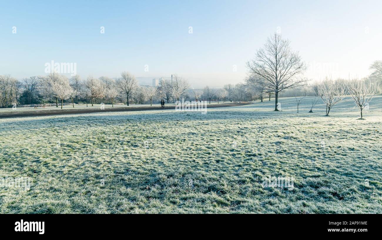 Almost empty park on a sunny, bright and frosty winter morning in Glasgow, Scotland Stock Photo
