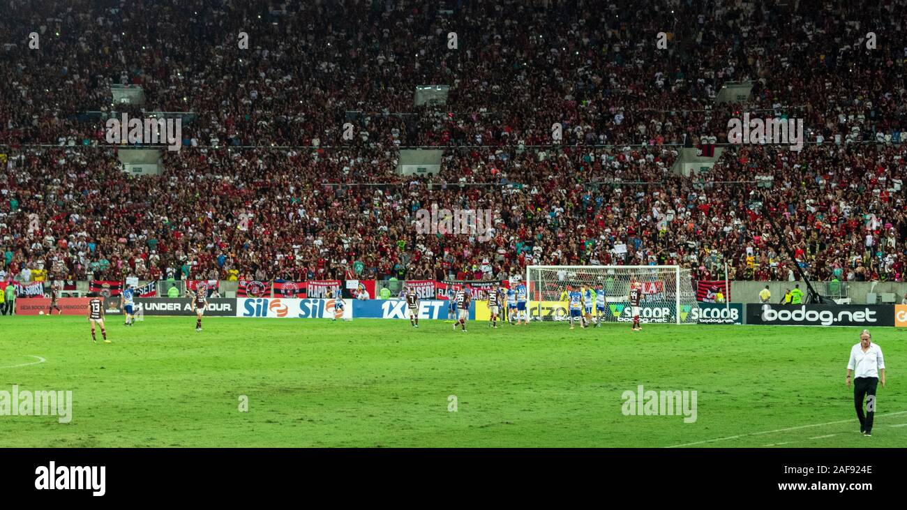 Brazilian football match at a completely full Maracana stadium. Flamengo.Mister Jorge Jesus. Stock Photo