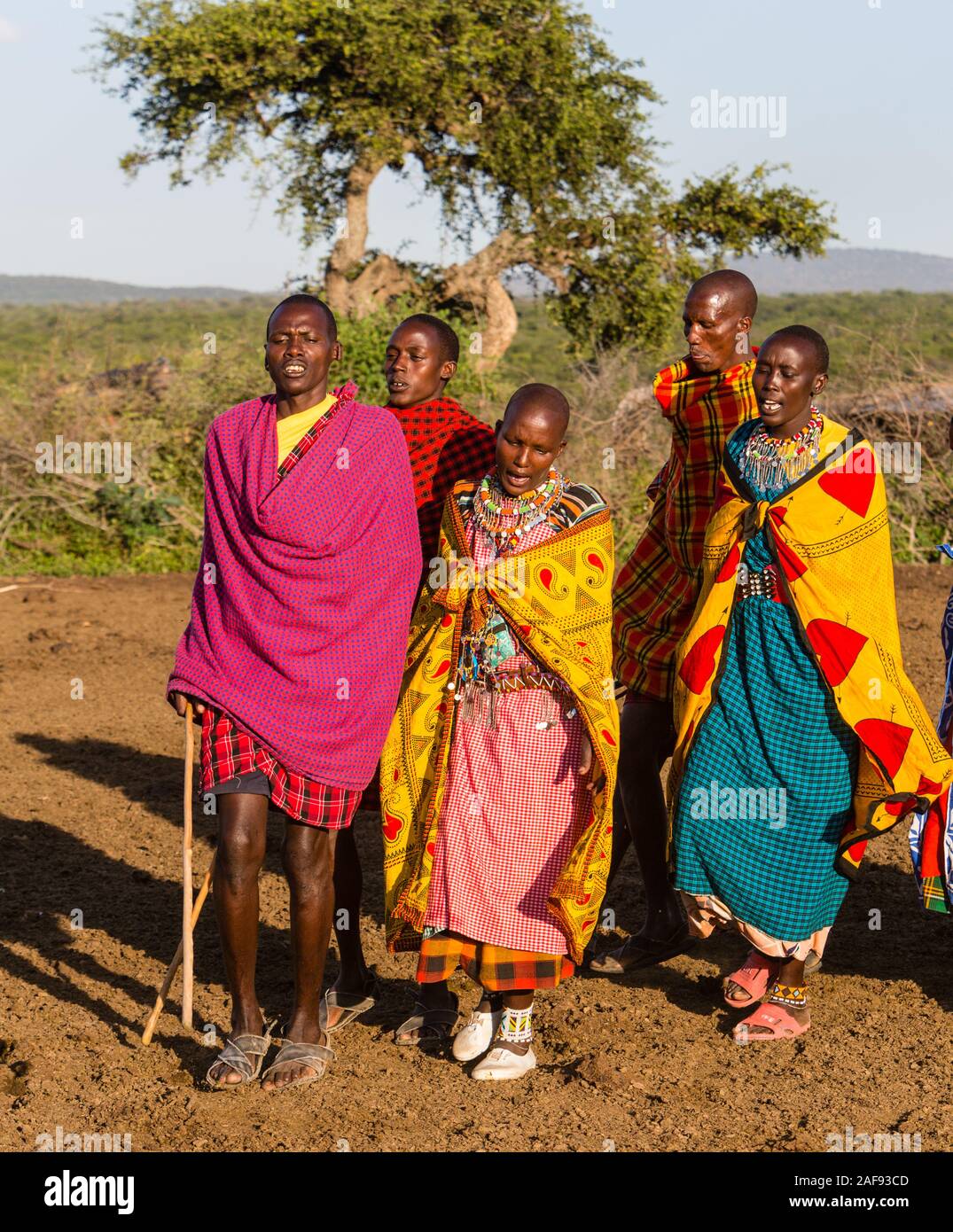 Tanzania. Maasai Village of Ololosokwan, Northern Serengeti.  Villagers Performing Welcoming Dance. Stock Photo