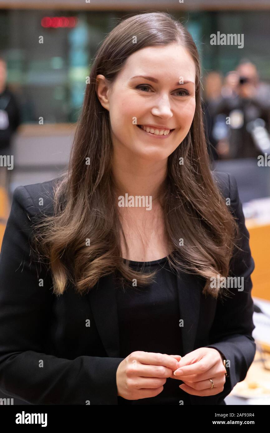 Finnish Prime Minister Sanna Marin at the European Union leaders year-end summit in Brussels. Stock Photo