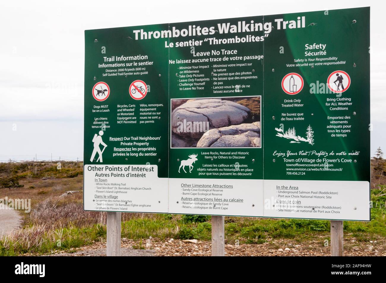 An interpretive sign for the Thrombolites Walking Trail at Flowers Cove, Newfoundland. Stock Photo